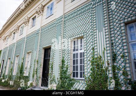 Façade de bâtiment élégante à Lancut, en Pologne, ornée de treillis décoratifs et de lierre. Banque D'Images
