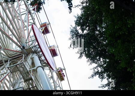 Une vue captivante d'une grande roue, partiellement obscurcie par des feuilles vertes luxuriantes, créant un contraste saisissant avec le ciel bleu. Banque D'Images