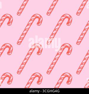 Motif sans couture de bâton rayé rouge de Noël. Vecteur dessin à la main dessin de vacances doodle fond rose. Design sucré festif pour papier d'emballage, Illustration de Vecteur