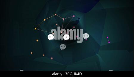 Icônes flottantes en forme de bulle de parole planant dans le tunnel du réseau, avec des nœuds colorés et des lignes lumineuses Banque D'Images