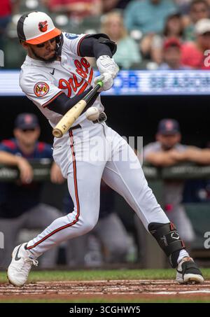 Baltimore, États-Unis. 28 août 2025. BALTIMORE, MD - AOÛT 28 : deuxième base des Orioles de Baltimore Jeremiah Jackson (82) à la batte lors d'un match MLB entre les Orioles de Baltimore et les Red Sox de Boston, le 28 août 2025, à Oriole Park à Camden Yards, à Baltimore, Maryland. (Photo de Tony Quinn/SipaUSA) crédit : Sipa USA/Alamy Live News Banque D'Images