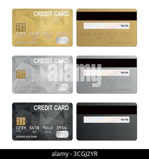 Jeu de cartes de crédit vectorielles. Collection réaliste de carte de crédit, maquette de carte de crédit en plastique en or, argent et noir, cartes de paiement isolées pour les opérations bancaires Illustration de Vecteur