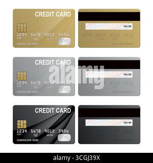 Jeu de cartes de crédit vectorielles. Collection réaliste de carte de crédit, maquette de carte de crédit en plastique en or, argent et noir, cartes de paiement isolées pour les opérations bancaires Illustration de Vecteur