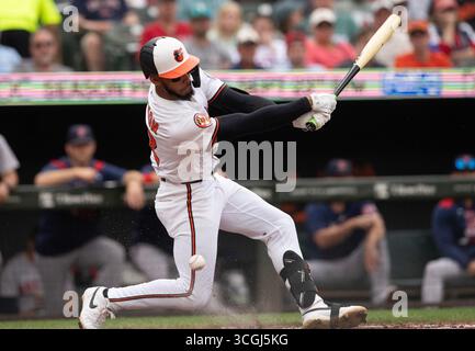 Baltimore, États-Unis. 28 août 2025. BALTIMORE, MD - AOÛT 28 : deuxième base des Orioles de Baltimore Jeremiah Jackson (82) à la batte lors d'un match MLB entre les Orioles de Baltimore et les Red Sox de Boston, le 28 août 2025, à Oriole Park à Camden Yards, à Baltimore, Maryland. (Photo de Tony Quinn/SipaUSA) crédit : Sipa USA/Alamy Live News Banque D'Images