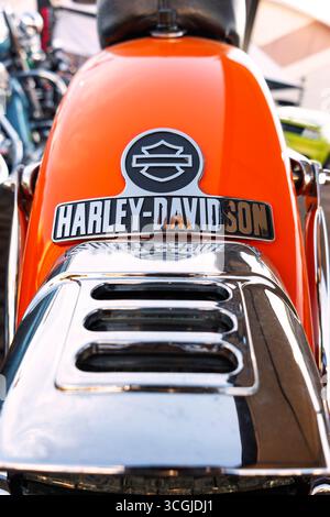 Détail de l'arrière d'une moto Harley-Davidson, avec emblème en métal et finition chromée. Banque D'Images