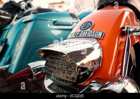 Détail de l'arrière d'une moto Harley-Davidson, avec emblème en métal et finition chromée. Banque D'Images