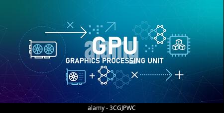Unité de traitement graphique illustration GPU avec des icônes Microchip hardware accélérant le traitement des tâches parallèles pour les jeux d'apprentissage automatique et Illustration de Vecteur