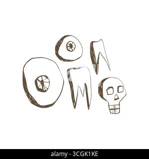Ensemble de doodle d'halloween dessiné à la main avec des dents effrayantes de crâne effrayantes et des yeux effrayants dans un style simple d'esquisse pour un design mystique et d'horreur Illustration de Vecteur