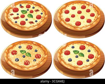 Illustration vectorielle aérienne de quatre pizzas assorties avec des garnitures vibrantes sur des planches en bois, textures réalistes. Illustration de Vecteur