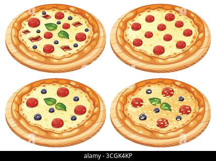 Illustration vectorielle top-down de quatre pizzas assorties avec des garnitures vibrantes sur des planches en bois. Illustration de Vecteur