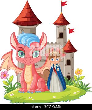Princesse de dessin animé et dragon rose avec les cheveux bleus dans le jardin du château, scène colorée de conte de fées vectoriel. Illustration de Vecteur