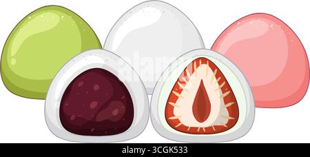 Illustration vectorielle de mochi assortis, coupes transversales montrant le remplissage de haricots rouges et de fraises, couleurs douces Illustration de Vecteur