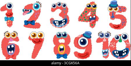 Numéros de monstre excentriques avec des visages expressifs, des couleurs vibrantes, parfaits pour du matériel éducatif ludique. Illustration de Vecteur