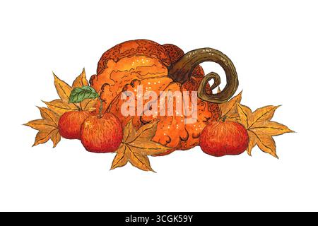 Composition automnale de pommes, feuilles et citrouilles. Illustration aquarelle dessinée à la main. Dessin pour autocollants, affiche, scrapbooking. Automne, récolte Banque D'Images