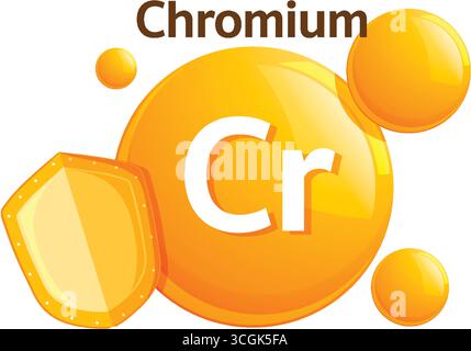Icône vectorielle jaune vif de vitamine de chrome avec bouclier, texte gras et design plat circulaire. Illustration de Vecteur