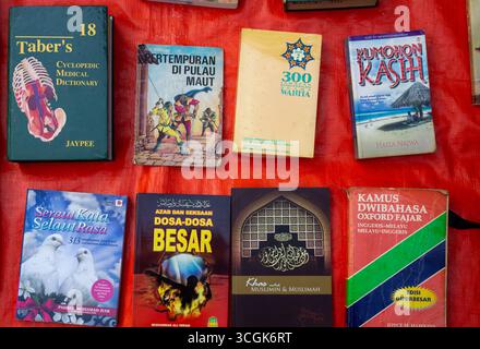 Ipoh, Malaisie - 17 août 2025 : une photo aérienne d'une variété de livres usagés avec des couvertures colorées, y compris un dictionnaire, des textes religieux et ficti Banque D'Images