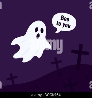 Fantôme de dessin animé drôle avec fond sombre de cimetière caractère effrayant d'halloween Illustration de Vecteur