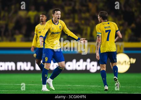Broendby, Danemark. 28 août 2025. Michael Gregoritsch (9 ans) de Broendby IF marque lors du match de qualification de l'UEFA Conference League entre Broendby IF et Strasbourg au Broendby Stadion à Broendby. Crédit : Gonzales photo/Alamy Live News Banque D'Images