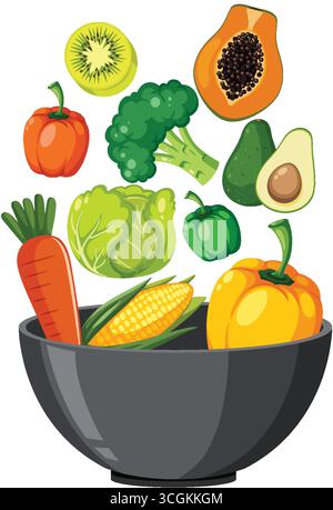 Vecteur plat coloré de fruits et légumes assortis au-dessus d'un bol noir sur fond blanc. Illustration de Vecteur