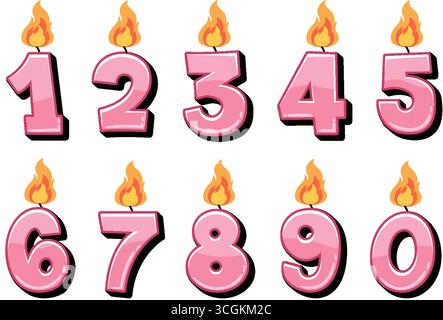 Bougies de numéro de dessin animé rose avec des flammes, des contours audacieux, un ombrage ludique, parfait pour les célébrations d'anniversaire. Illustration de Vecteur
