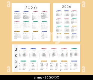 Ensemble de calendrier annuel 2026 en langue espagnole dans différents formats. Format horizontal, carré et portrait. Planificateur mural ou de bureau imprimable pour Illustration de Vecteur