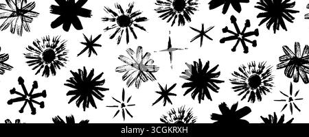 Modèle sans couture de fleurs dessinées à la main, étoiles de graffiti, flocons de neige et formes d'astérisque. Grunge crayon de cire squiggles avec craie et charbon de bois sensation, mignon Illustration de Vecteur