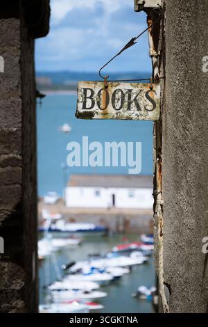 Une vieille enseigne, des livres publicitaires, accrochée à un mur de magasin, surplombant un littoral idylique Banque D'Images