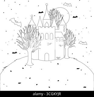 Halloween château hanté sur une colline. Tour effrayante avec des arbres et des chauves-souris effrayants. Fête d'Halloween pour un tour ou un cadeau. Page de coloriage noir et blanc vectoriel. Illustration de Vecteur