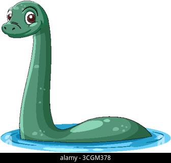Vecteur monstre Loch Ness vert souriant dans l'eau calme, style de dessin animé avec ombrage simple. Illustration de Vecteur