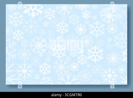 Cette illustration vectorielle présente un charmant fond d'hiver rempli de divers flocons de neige sur un fond bleu clair apaisant, idéal pour Illustration de Vecteur