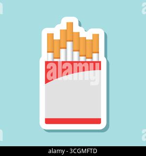 Paquet de cigarettes autocollant icône dans un style plat. Illustration vectorielle fumante sur fond isolé. Concept d'entreprise de signe de boîte de tabac. Illustration de Vecteur
