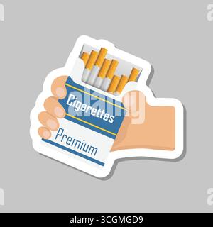 Main tenant paquet de cigarettes autocollant icône dans le style plat. Illustration vectorielle fumante sur fond isolé. Concept d'entreprise de signe de boîte de tabac. Illustration de Vecteur