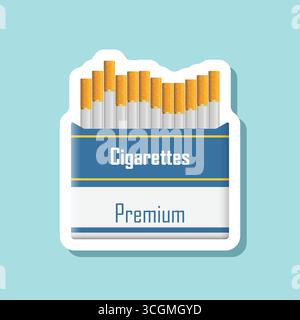 Paquet de cigarettes autocollant icône dans un style plat. Illustration vectorielle fumante sur fond isolé. Concept d'entreprise de signe de boîte de tabac. Illustration de Vecteur