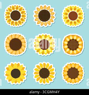 Ensemble d'icônes autocollants colorés tournesol dans un style plat. Illustration vectorielle de flore sur fond isolé. Concept d'affaires de signe de tournesol. Illustration de Vecteur