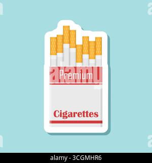 Paquet de cigarettes autocollant icône dans un style plat. Illustration vectorielle fumante sur fond isolé. Concept d'entreprise de signe de boîte de tabac. Illustration de Vecteur