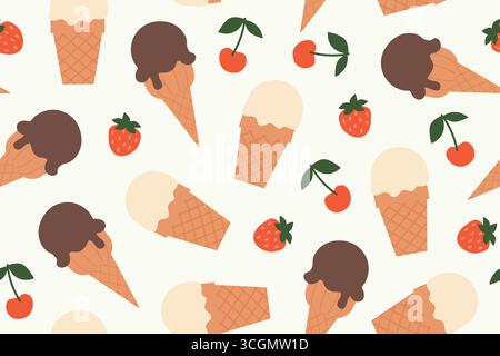 modèle d'été sans couture avec de la crème glacée dans des cônes de gaufre et des fraises et des cerises - illustration vectorielle Illustration de Vecteur