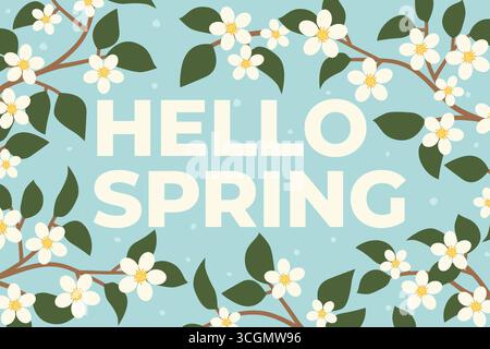 hello spring texte avec des fleurs de pommier ; capture l'essence de la saison avec des couleurs pastel douces, des fleurs en fleurs et une sensation fraîche et aérée Illustration de Vecteur