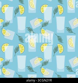 modèle sans couture avec des plans de vodka ou de tequila avec des tranches de citron vert et des feuilles de romarin ; fond de fête d'été - illustration vectorielle Illustration de Vecteur