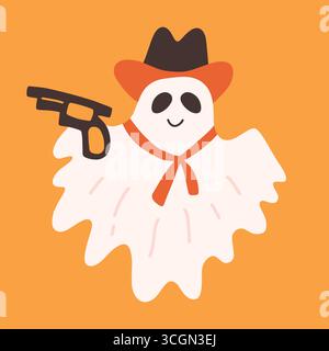 Cute Cowboy Ghost Cartoon illustration d'Halloween Illustration de Vecteur