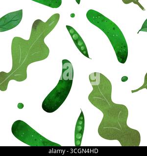 Illustration mignonne d'enfants à l'aquarelle avec des légumes verts (concombres, pois, feuilles). Motif sans couture. Parfait pour les livres pour enfants, le matériel éducatif Banque D'Images