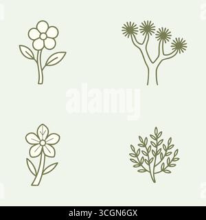 Dessins aux tons menthe doux de plantes simples représentant de petites fleurs, des tiges droites et une silhouette de yucca à têtes multiples. Illustration de Vecteur