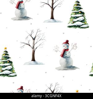 Motif sans couture de Noël avec arbre avec des jouets, des boules. Arbre couvert de neige sans feuilles, bonhomme de neige dans un chapeau rouge et une écharpe, buisson aquarelle avec de l'or Banque D'Images