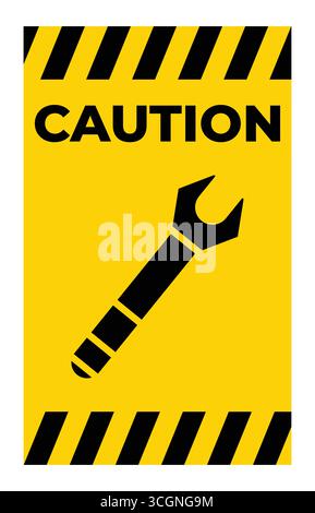 Panneau d'avertissement jaune vif avec une icône de clé et des bandes audacieuses. Idéale pour les thèmes de construction, de sécurité ou d'entretien, cette image met l'accent sur le Illustration de Vecteur