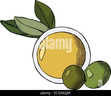Flacon en verre d'huile d'olive avec fruits d'olive composition du bol d'huile d'olive. Illustration vectorielle en couleur à l'encre de la ligne graphique. Huile d'olive, bol, branche, baies, Illustration de Vecteur