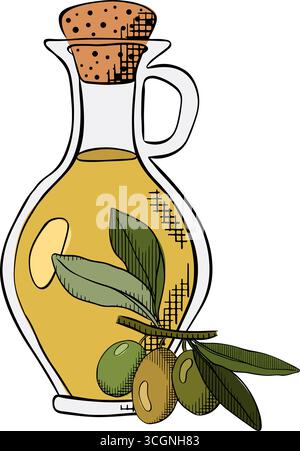 Composition de bouteille d'huile d'olive. Illustration vectorielle en couleur à l'encre de la ligne graphique. Huile d'olive, bouteille, branche, baies, fond de feuilles vertes pour les bannières, p Illustration de Vecteur