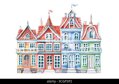 Rue de la ville avec 4 maisons colorées. Illustration aquarelle isolée de bâtiments colorés pour la conception de produits imprimés des bureaux d'architecture, gui Banque D'Images