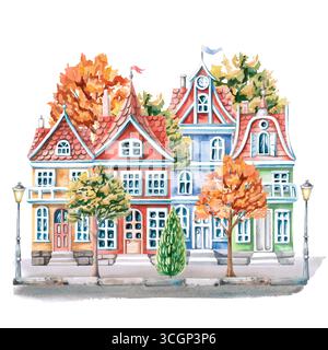 Rue de la ville avec des maisons colorées et des arbres d'automne. Illustration aquarelle isolée de bâtiments pour la conception de produits imprimés de burea architectural Banque D'Images