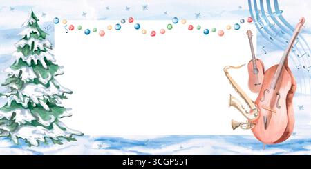 Cadre rectangulaire avec sapin de Noël, guirlande et instruments de musique. Illustration aquarelle isolée sur un thème de Noël pour la conception de musi Banque D'Images