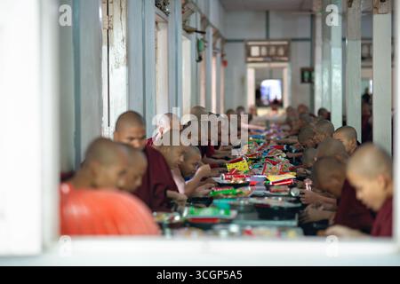 Monastère de Mahagandayon déjeuner salle à manger des novices Mandalay Myanmar // MANDALAY, Myanmar — les novices (jeunes moines) sont assis pour déjeuner dans la salle à manger du monastère de Mahagandayon, un collège monastique bouddhiste de premier plan. Ces jeunes moines font partie de la grande communauté de monastères résidents du monastère. Le monastère de Mahagandayon est l'une des institutions d'enseignement monastique les plus grandes et les plus respectées au Myanmar. Il est réputé pour son adhésion stricte à la discipline monastique et son rôle important dans l'éducation bouddhiste. Le monastère est situé dans le canton d'Amarapura, juste au sud de Mandalay, Myanmar Banque D'Images
