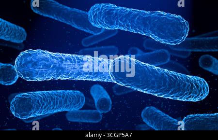 Gros plan sur les bactéries fluorescentes bleues ou les virus au microscope. Gros plan sur les bactéries fluorescentes bleues ou les virus au microscope. Pathogènes, infection bactérienne, représentation microscopique, microbiologie, maladie, contagieux. Modèle, illustration 3D science029s01 Bacteria Banque D'Images